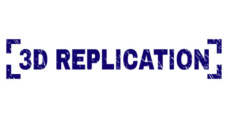 3D REPLICATION caption seal print with corroded effect. Text caption is placed between corners. Blue vector rubber print of 3D REPLICATION with corroded texture.