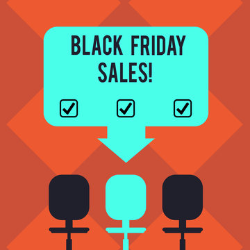 Handwriting text Black Friday Sales. Concept meaning day full of special shopping deals and heavy discounts Blank Space Color Arrow Pointing to One of the Three Swivel Chairs photo