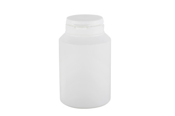 Closed white medicine bottle isolated on white background
