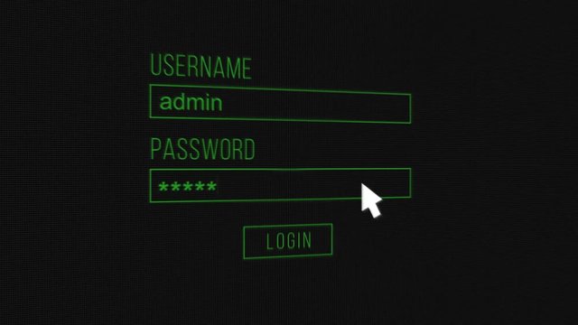 Animation process of entering computer username and password with access granted screen. Black background