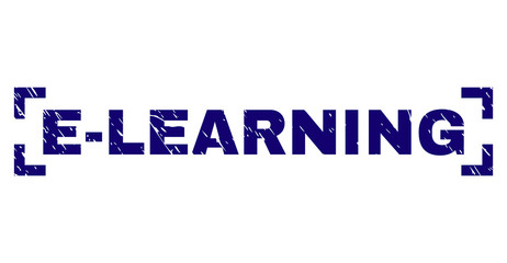 E-LEARNING caption seal print with corroded style. Text caption is placed inside corners. Blue vector rubber print of E-LEARNING with corroded texture.