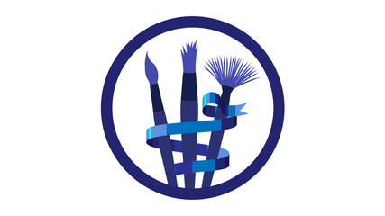 Monochrome logo wich artistic brushes of various kinds in round window and wrapped in tape