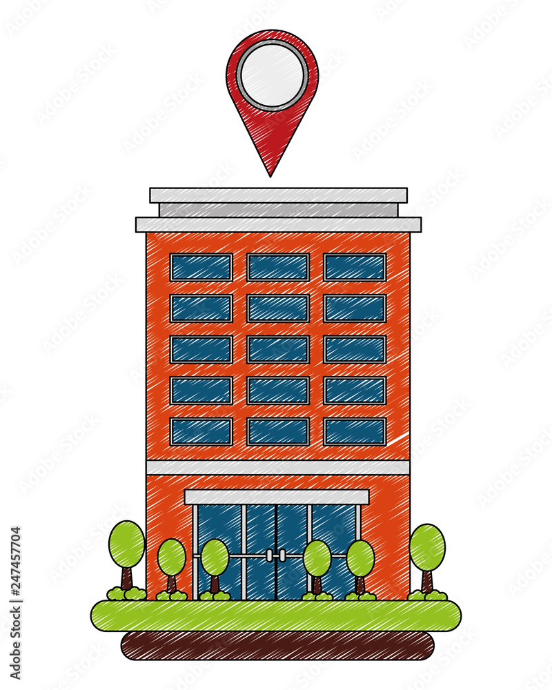 Wall mural building structure with pin location and trees plants