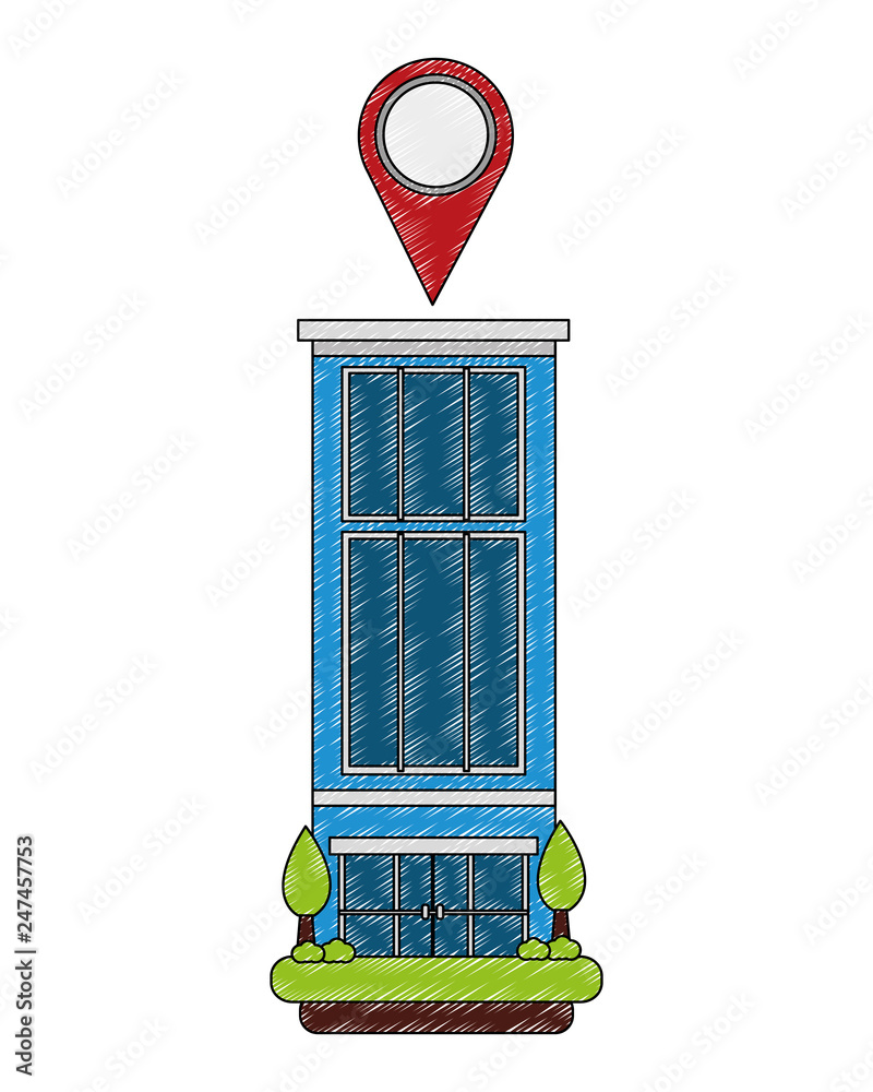 Poster building structure with pin location and trees plants