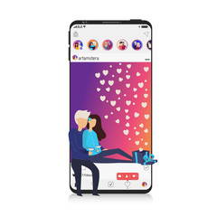Smartphone, mobile realistic style. Flat design. Social media photo app, Picture on display with people, man and woman, gift box, heart, like. Instagram Style.