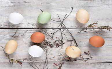  Easter Eggs: A Variety of  Eggs on Wood Table