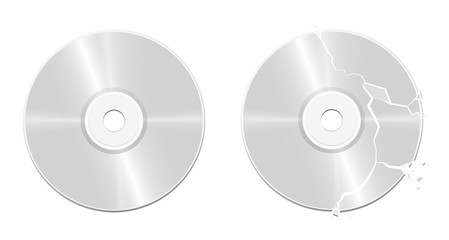 Intact CD and broken, damaged, corrupted, ruined, destroyed, bursted, wrecked, smashed, demolished, vandalized compact disc - realistic isolated vector illustration on white background.
