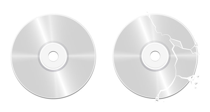 Intact CD and broken, damaged, corrupted, ruined, destroyed, bursted, wrecked, smashed, demolished, vandalized compact disc - realistic isolated vector illustration on white background.
