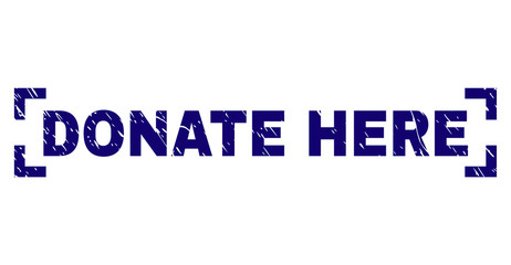 DONATE HERE text seal print with corroded effect. Text caption is placed inside corners. Blue vector rubber print of DONATE HERE with scratched texture.