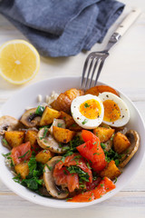 Healthy food bowl: salmon, eggs, potatoes, mushrooms, rice and spinach on white wooden table. vertical