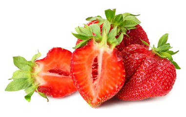Strawberry with green leaf and slices isolated on white background. Healthy food.