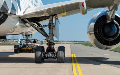 Airplane gear and engine closeup