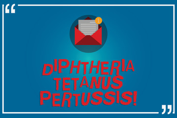 Handwriting text writing Diphtheria Tetanus Pertussis. Concept meaning vaccines against three infectious diseases Open Envelope with Paper New Email Message inside Quotation Mark Outline