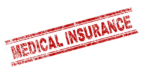 MEDICAL INSURANCE seal imprint with distress texture. Red vector rubber print of MEDICAL INSURANCE caption with unclean texture. Text caption is placed between double parallel lines.