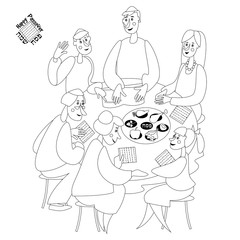Jewish family celebrates Passover. Reading of the Passover Haggadah. Black and white. Coloring page.