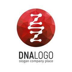 DNA logo in circle with red polygonal texture. Isolated Deoxyribonucleic acid logotype on white background. 25 april world genetic day icon