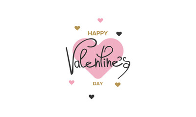 Happy Valentines Day typography poster with handwritten calligraphy text and color hearts. Gold, black, pink, white colors. Poster, banner, greeting card and background
