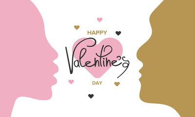 Happy Valentines Day typography poster with handwritten calligraphy text and color hearts. Gold, black, pink, white colors. Poster, banner, greeting card and background