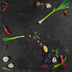 Selection of spices herbs and greens. Ingredients for cooking. Food background on black slate...