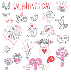 Collection of hand drawn Valentine day doodle. Perfect for invitation cards and page decoration. illustration.