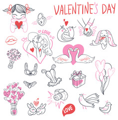 Collection of hand drawn Valentine day doodle. Perfect for invitation cards and page decoration. illustration.