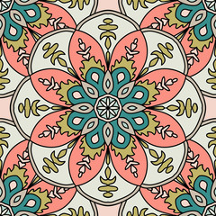 Abstract seamless pattern with mandala flower. Mosaic, tile. Floral background. Vector illustration.   