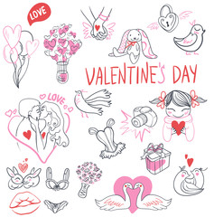 Collection of hand drawn Valentine day doodle. Perfect for invitation cards and page decoration. illustration.