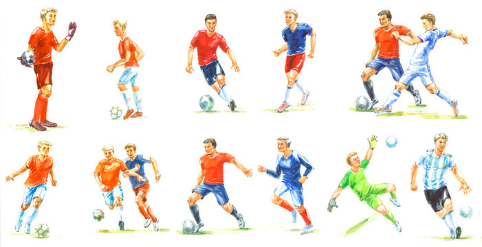 Set of watercolor sketches of soccer players athletes playing with a ball, soccer players on white background for design