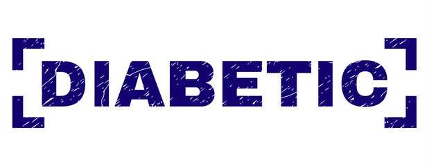 DIABETIC text seal watermark with grunge effect. Text title is placed inside corners. Blue vector rubber print of DIABETIC with grunge texture.