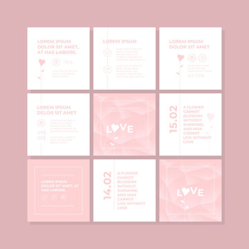 Instagram puzzle. Big set custom templates. Questions, text. Logo Heart abstract Elegant roses decor. Concept of LOVE. Elegant light pink background. Romantic promotion Instagram Posts, Cards. Vector.