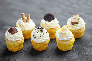 Different cupcakes with a delicate cream and sweets. Concept for food, bakery, menu, desserts.