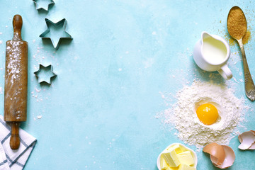 Culinary background with ingredients and props for baking.Top view with copy space.