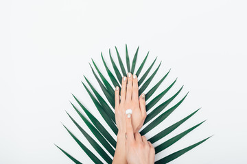 Female's hands put cosmetic cream on skin