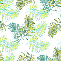 Naklejka na ściany i meble Seamless pattern of a tropical palm tree, jungle leaves. Vector floral pattern.
