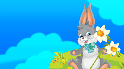 cartoon happy easter rabbit with beautiful flowers on nature spring background - illustration for children