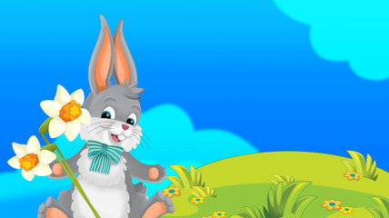 cartoon happy easter rabbit with beautiful flowers on nature spring background - illustration for children