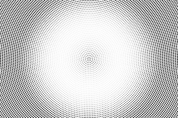 Black and white halftone vector. Centered dotted gradient. Round dotwork texture. Vintage overlay with ink dot ornament