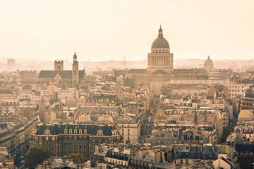 Fototapeta na wymiar Aerial view of Paris, France, with the imposing cupola of the Pantheon overlooking the residential buildings in a sunny and misty atmosphere.