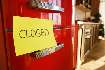 diet, self control, daily meals. closed fridge with warning note. nutrition habits, overeating,...