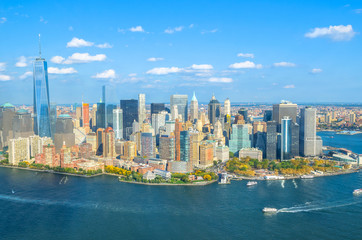 Beautiful aerial view of Lower Manhattan from the helicopter ride - New York, USA