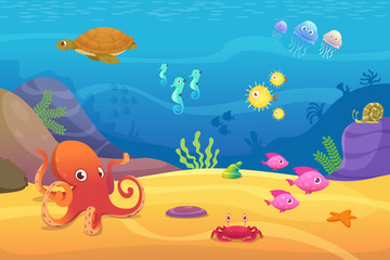 Naklejka na ściany i meble Underwater life. Aquarium cartoon fish ocean and sea animals vector background. Illustration of underwater sea with fish, octopus and jellyfish