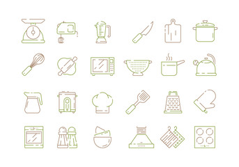 Cooking kitchen items. Knife pan spoons and forks cuisine tools microwave electronic scale vector thin line icons collection. Illustration of kitchenware utensil and cooking equipment