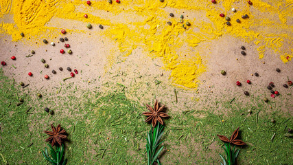 Spices and herbs in the form of a flower. mix spices. Top view. space for text