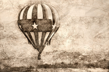 Fototapeta na wymiar Sketch of an Early Morning Launch of Hot Air Balloon
