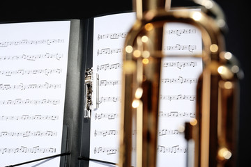 Music note sheets on black background, closeup view through blurred trumpet