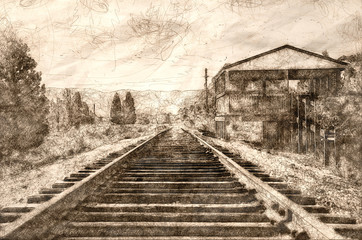 Sketch of a Rural Mountain Railroad Platform Waiting for Train and Passengers