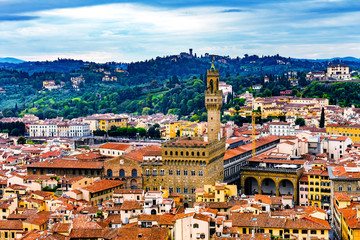 Fototapeta premium Orange Roofs Palazzo Vecchio Tower Piazza Signoria Tuscany Florence Italy