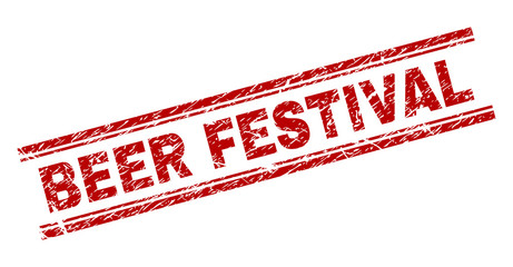 BEER FESTIVAL seal print with distress texture. Red vector rubber print of BEER FESTIVAL text with unclean texture. Text label is placed between double parallel lines.