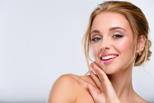 Portrait of beautiful woman on white background .