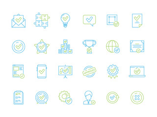 Legal approved documents icons. Warranty certified approve official signature doc vector thin line symbols. Illustration of signature project, digital mark approve